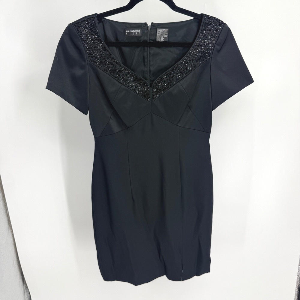 VTG Liz Claiborne Night Black Beaded V-Neck Short Sleeve Cocktail Sheath Dress 4